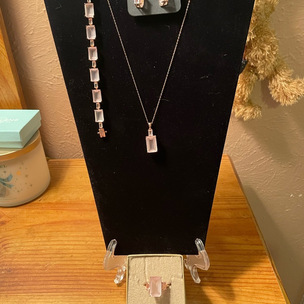 JTV 4pc Rose Quartz pendant earrings size 10 ring and 8”bracelet